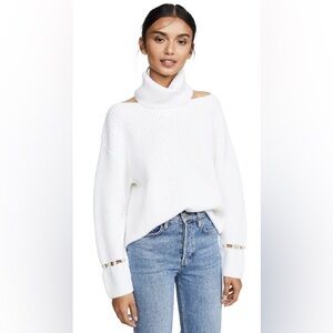 Alice And Olivia Lara Cold Shoulder Sweater Large White Wool Turtleneck Pearls